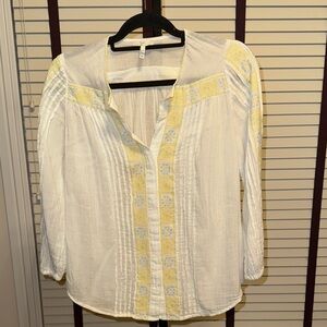 Joie White and Yellow and Blue Embroidered Blouse